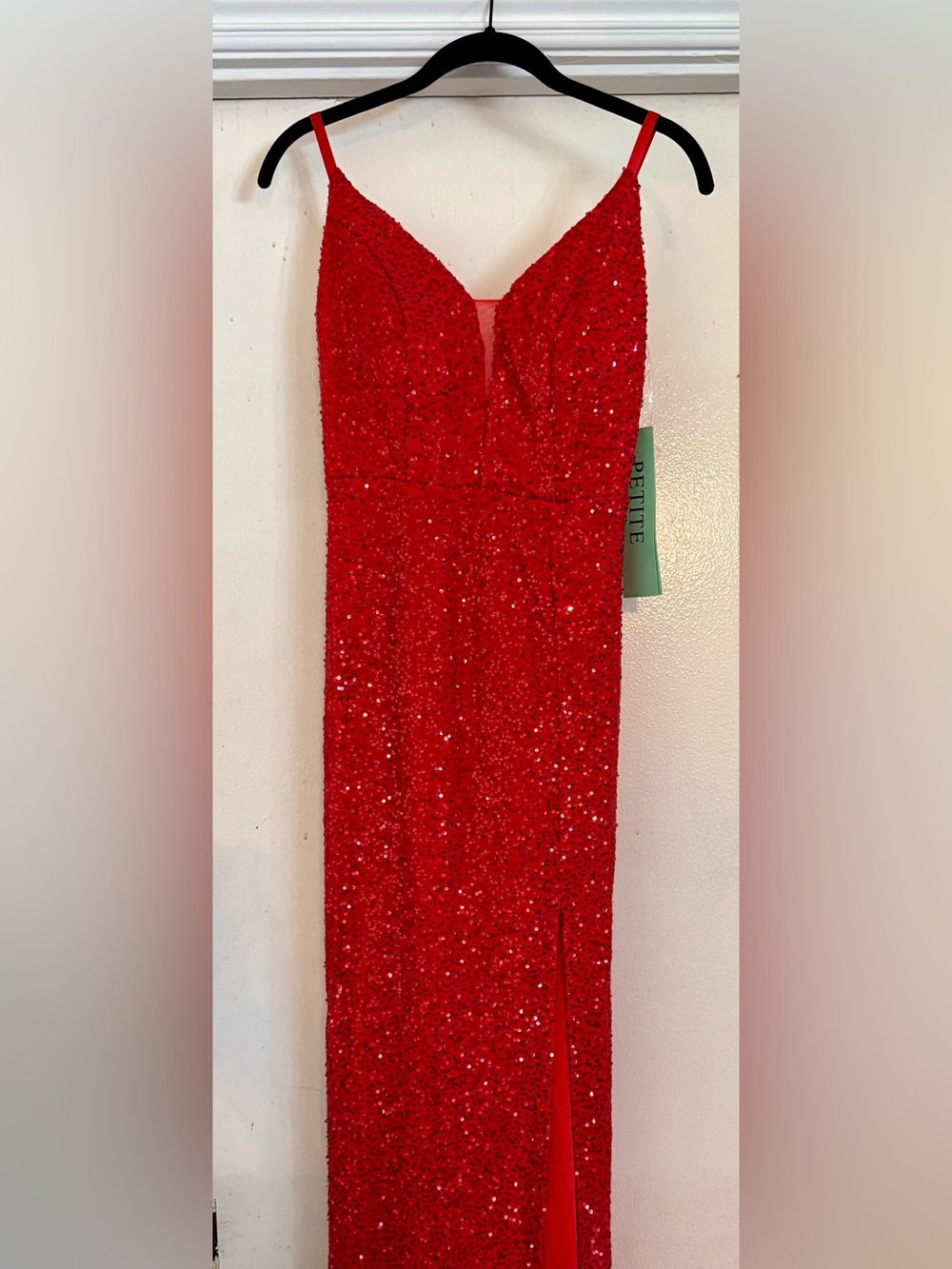 Red Sequin Spaghetti Strap Evening Gown